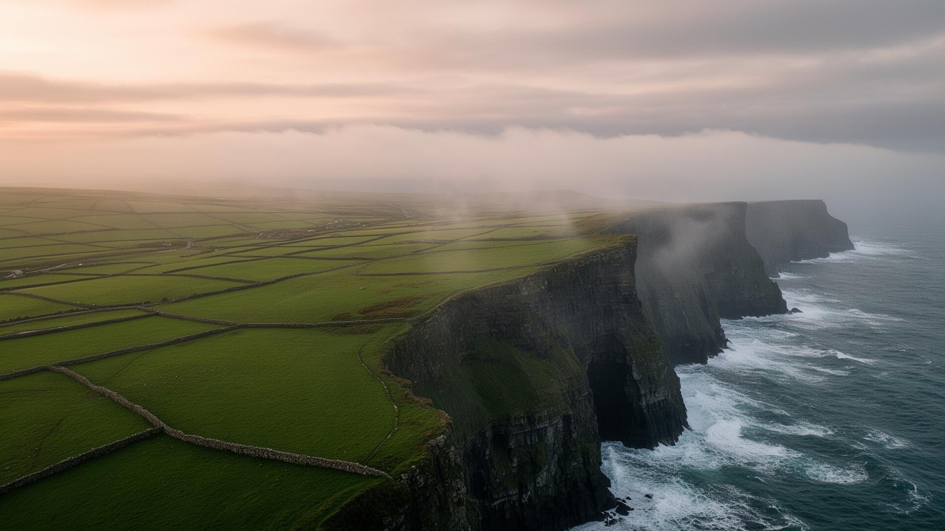 Aerial view of Irish Atlantic coastline at golden hour with rolling green pastures, dramatic mountains, and low sea mist